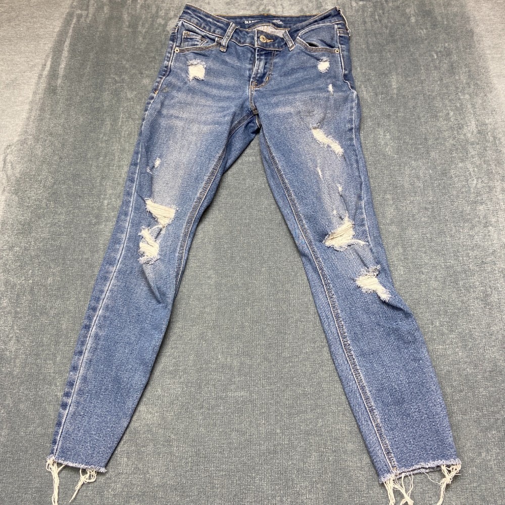 Old Navy Rockstar Super Skinny Jeans Women 0 Blue Mid Rise Frayed Hem Distressed